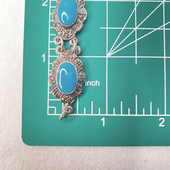 Concha Link Bracelet Blue Enamel Silver Tone Burnished Metal Spring Clasp - Picture 9 of 9